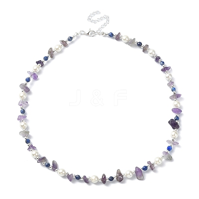 Natural Amethyst & Lapis Lazuli Chips & Shell Pearl Beaded Necklace for Women NJEW-TA00127-1