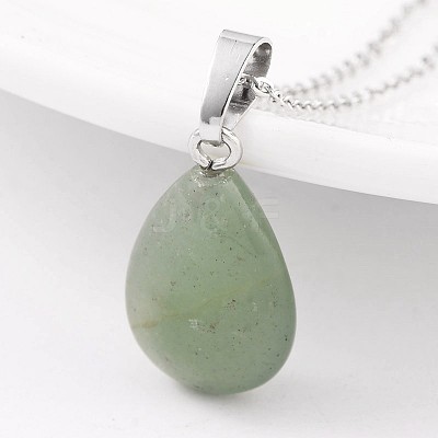 Teardrop Platinum Tone Brass Green Aventurine Pendants G-F267-02B-1
