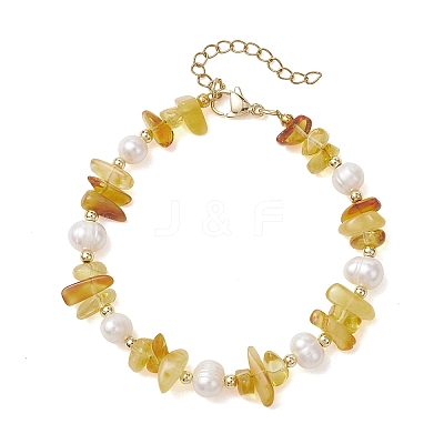 Natural Amber & Cultured Freshwater Pearl & Brass Beaded Bracelets for Women BJEW-JB13663-1