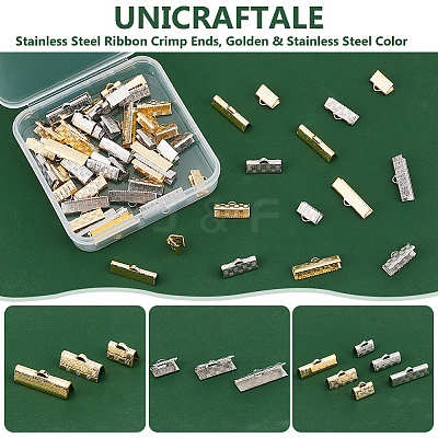60Pcs 6 Style 304 Stainless Steel Ribbon Crimp Ends STAS-UN0055-92-1