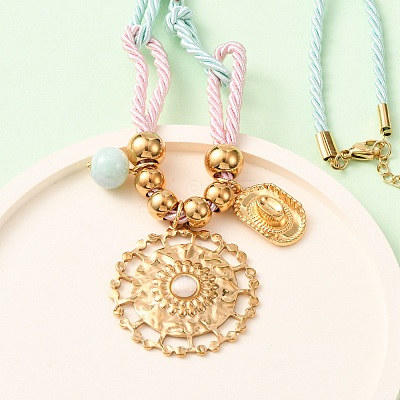304 Stainless Steel Flower Cowboy Hat Pendant Polyester Cord Necklaces NJEW-C105-02G-1