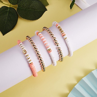 5Pcs 5 Style Polymer Clay Heishi Surfer Stretch Bracelets Set with Synthetic Hematite BJEW-SZ0002-43C-1
