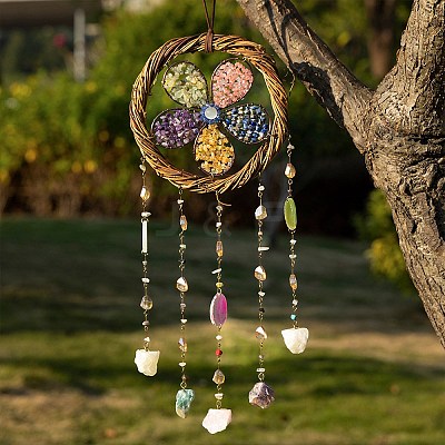 Copper Wire Wrapped Flower Natural & Synthetic Mixed Stone Chips Suncatchers HJEW-F027-05-1
