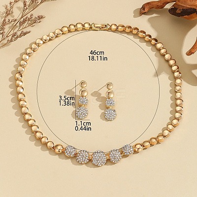 Brass Crystal Rhinestone Flat Round Link Chain Necklaces & Stud Dangle Earrings Sets for Women FS-WG8EC1E-01-1
