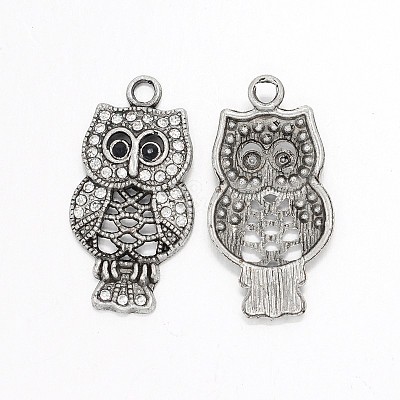 Antique Silver Alloy Rhinestone Owl Pendants for Halloween Jewelry RB-J222-01AS-1