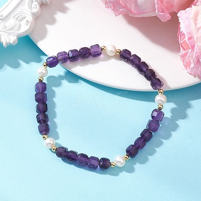 Natural Amethyst & Cultured Freshwater Pearl Beaded Stretch Bracelets for Women BJEW-JB13327-1