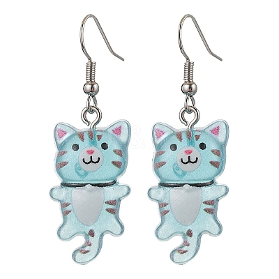 Iron Transparent Resin Cat Shape Dangle Earrings EJEW-JE06379-1