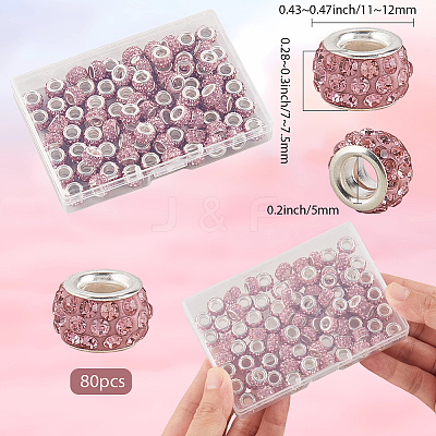 80Pcs Polymer Clay Rhinestone European Large Hole Beads with Silver Color Plated Brass Cores FPDL-LT0001-02C-1