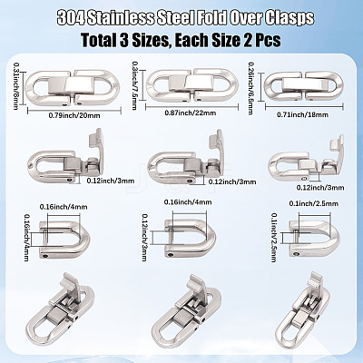 6Pcs 3 Style 304 Stainless Steel Fold Over Clasps STAS-BBC0007-55-1
