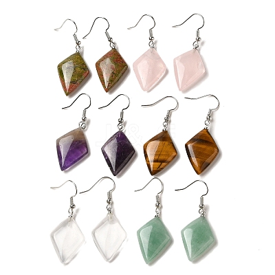 Natural Mixed Gemstone Rhombus Dangle Earrings EJEW-E296-04P-1