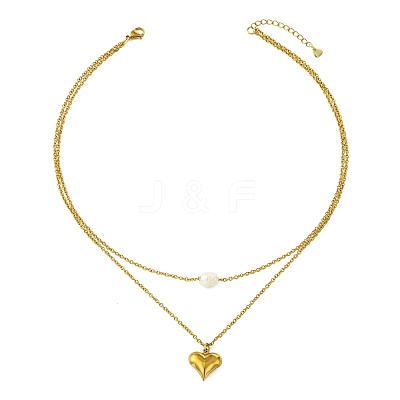 Natural Pearl Rice and 304 Stainless Steel Pendant Double Layer Necklaces for Women NJEW-JN06211-02-1