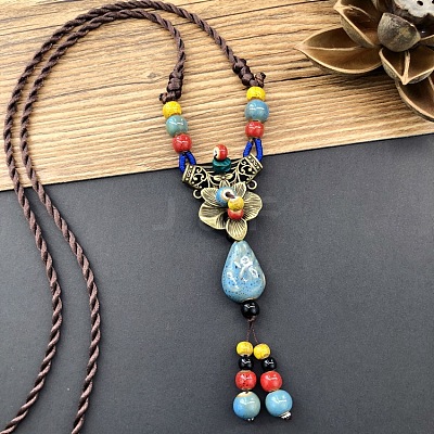 Ethnic Style Flower Alloy & Porcelain Tassel Pendant Long Necklaces for Women FS-WGC9E4C-01-1