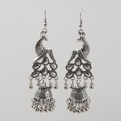 Tibetan Style Alloy Peacock with Bell Chandelier Earrings EJEW-WH0010-42AS-1