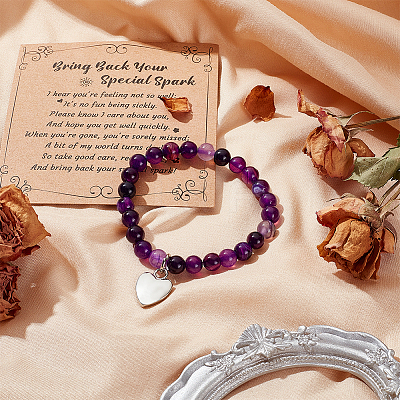 Natural Striped Agate Round Beaded Stretch Bracelet with Alloy Heart Charm BJEW-OC0001-09C-1