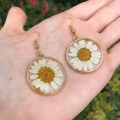 Iron Resin Daisy Dried Flower Dangle Earrings FS-WG4FF56-02-1