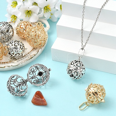 8Pcs 4 Styles Brass Hollow Round Cage Pendants KK-YW0004-37-1