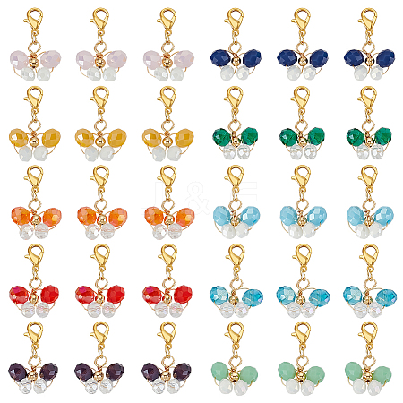 6 Sets Butterfly Copper Wire Wrapped Glass Pendant Decorations HJEW-GA0001-52-1