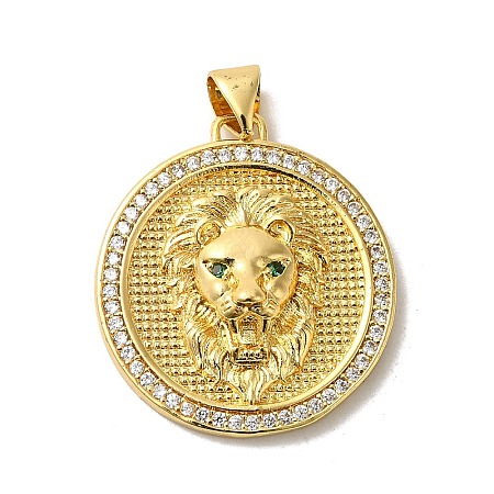 Flat Round with Lion Rack Plating Brass Micro Pave Clear Cubic Zirconia Pendants KK-K377-55G-1