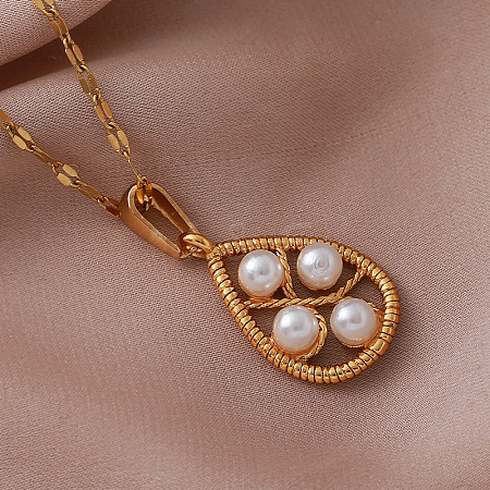 Vintage European 304 Stainless Steel & Imitation Pearl Teardrop Pendant Necklaces for Women NU2800-1