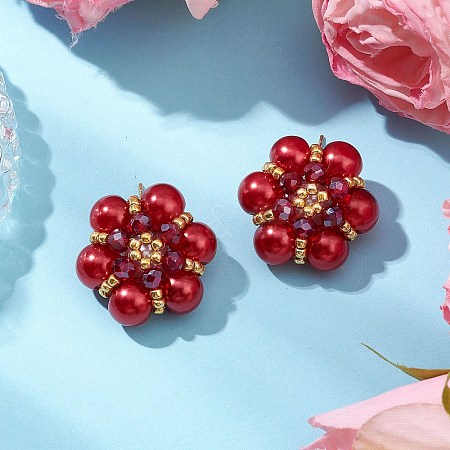 Glass Seed Beads Flower Stud Earrings EJEW-MZ00349-01-1