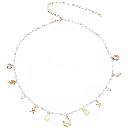 1Pc Summer Beach Alloy Shell Shape & Natural Shell Tassel Imitation Pearl Beaded Waist Chains for Women AJEW-CY0003-26-1