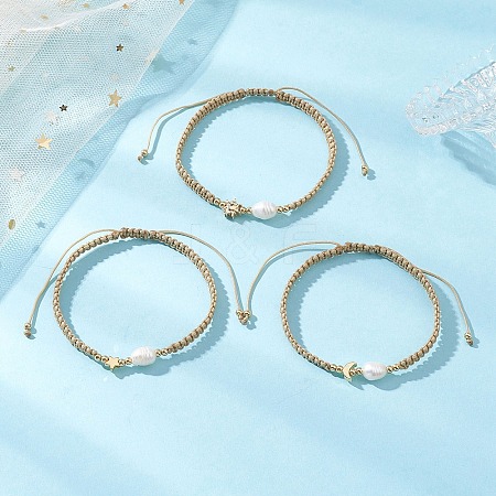 3Pcs Natural Cultured Freshwater Pearl & Brass & 304 Stainless Steel Beads Braided Bead Bracelets for Women BJEW-JB13108-1