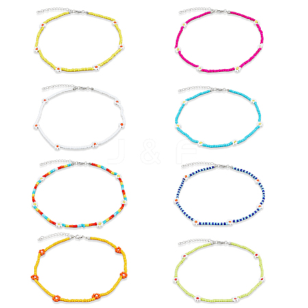 ANATTASOUL 8Pcs 8 Colors Glass Seed Braided Flower Beaded Necklaces Set for Women NJEW-AN0001-32-1