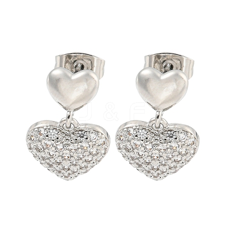 Heart Brass Pave Clear Cubic Zirconia Dangle Earrings EJEW-M258-35P-1