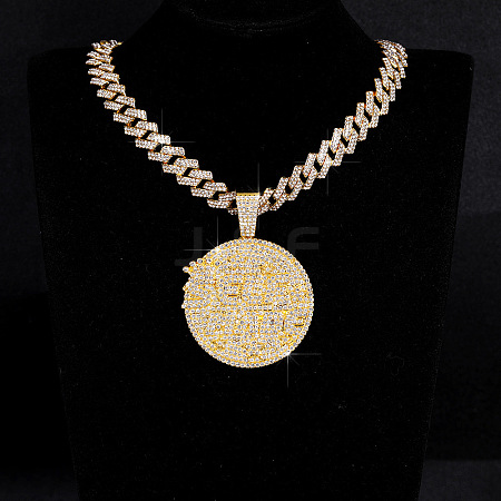 Hip-Hop Alloy Full Crystal Rhinestone Self Made Medal Pendant Cuban Link Chain Necklaces for Men Women FS-WG8D003-08-1