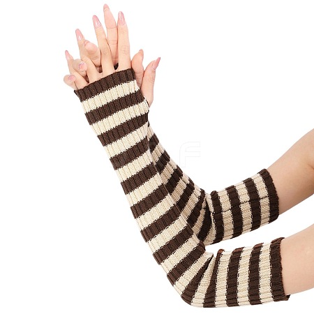 Stripe Acrylic Fibers Knitting Long Fingerless Gloves PW-WG9BE2E-04-1