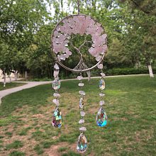 Metal Wire Wrapped Natural Rose Quartz Chips Flat Round with Tree of Life Pendant Decorations. Hanging Suncatchers TREE-PW0003-11B