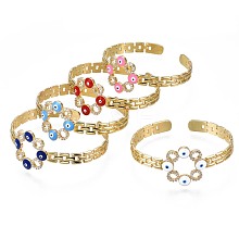 Cubic Zirconia Ring with Evil Eye Open Cuff Bangle with Enamel for Women BJEW-N012-014