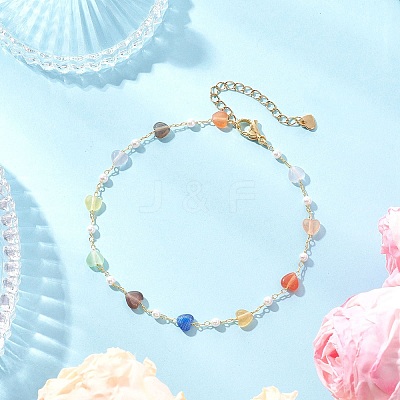 Colorful Cat Eye Heart & Plastic Pearl Beads Brass Link Chain Anklets AJEW-AN00729-1