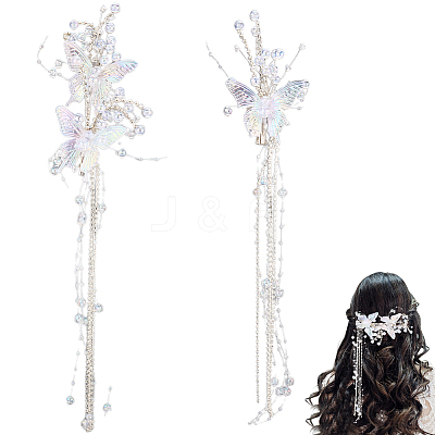 2Pcs Acrylic with Alloy Crystal Rhinestone Clear AB Butterfly Tassel Alligator Hair Clips Set AJEW-WH20080-59A-1