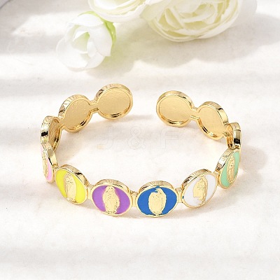 Brass Enamel Colorful Oval with Virgin Mary Open Cuff Bangles BJEW-K296-01G-1