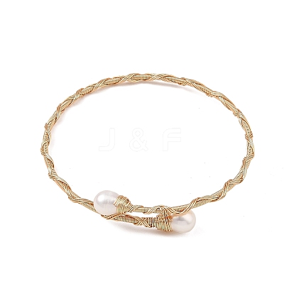 Natural Cultured Freshwater Pearl Rice Wire Wrapped Brass Cuff Bangles for Women BJEW-JB14301-1