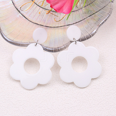 Flower with Flat Round Opaque Acrylic Dangle Stud Earrings FS-WG69462-08-1