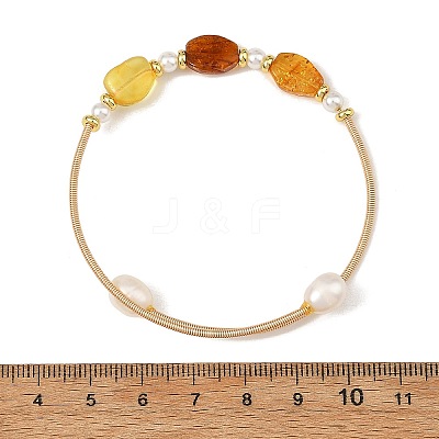Oval Natural Amber and Pearl Cuff Bangles BJEW-JB14490-1