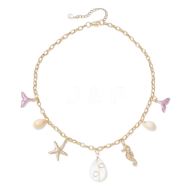 Alloy Enamel Whale Tail Starfish & Natural Shell Teardrop Pendant 304 Stainless Steel Cable Chain Necklaces for Women NJEW-JN05407-02-1