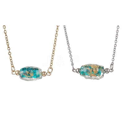 2Pcs 2 Colors Handmade Gold Sand Lampwork Oval Pendant 304 Stainless Steel Cable Chain Necklaces NJEW-JN05375-1