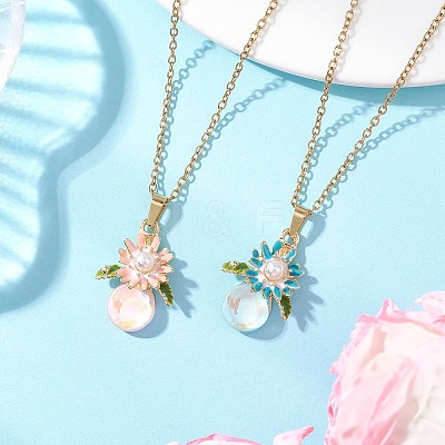 2Pcs 2 Colors Alloy Enamel & ABS Imitation Pearl & Glass Flower Pendant 304 Stainless Steel Cable Chain for Women NJEW-JN05992-1