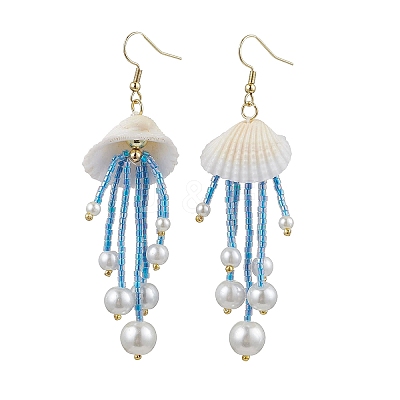 Glass & Natural Shell & Non-magnetic Synthetic Hematite Dangle Earrings EJEW-MZ00383-03-1