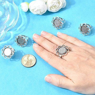 Vintage Adjustable Iron Finger Ring Components Alloy Flower Cabochon Bezel Settings PALLOY-O039-25AS-1
