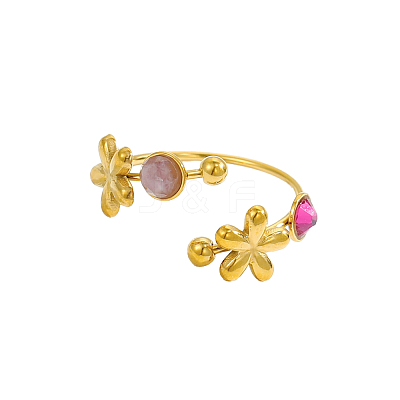304 Stainless Steel & Nstural Gemstone & Cubic Zirconia Cuff Rings for Women STAS-OY012-53G-1