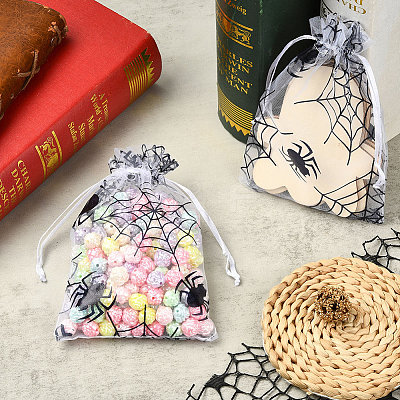 Halloween Theme Spider Printed Organza Drawstring Bags ABAG-WH20021-006A-1