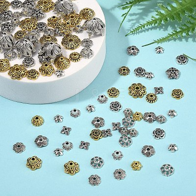100Pcs 10 Styles Tibetan Style Alloy Flower Bead Caps TIBE-YW0001-84-1
