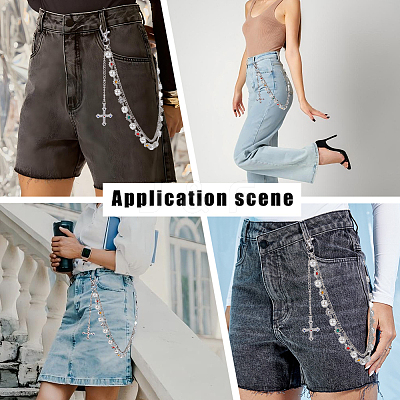 1Pc Alloy Colorful Rhinestone Flower & Plastic Pearl Link Chain Double Layer Pants Chains AJEW-GF0012-74-1
