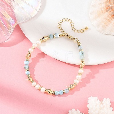 Natural Larimar Faceted Cube and Pearl Beaded Bracelets with Brass Beads for Women BJEW-JB14475-01-1