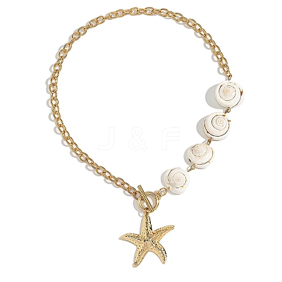Bohemian Ocean Starfish Alloy Pendant Natural Shiva Eye Shell Beaded Iron Chain Necklaces for Women WG4CCD0-02-1