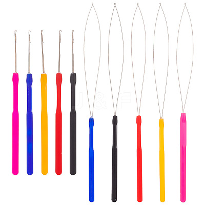 10Pcs 10 Style Plastic Crochet Hooks & Stainless Steel Hair Extension Loop Needle Threader TOOL-UN0001-31-1